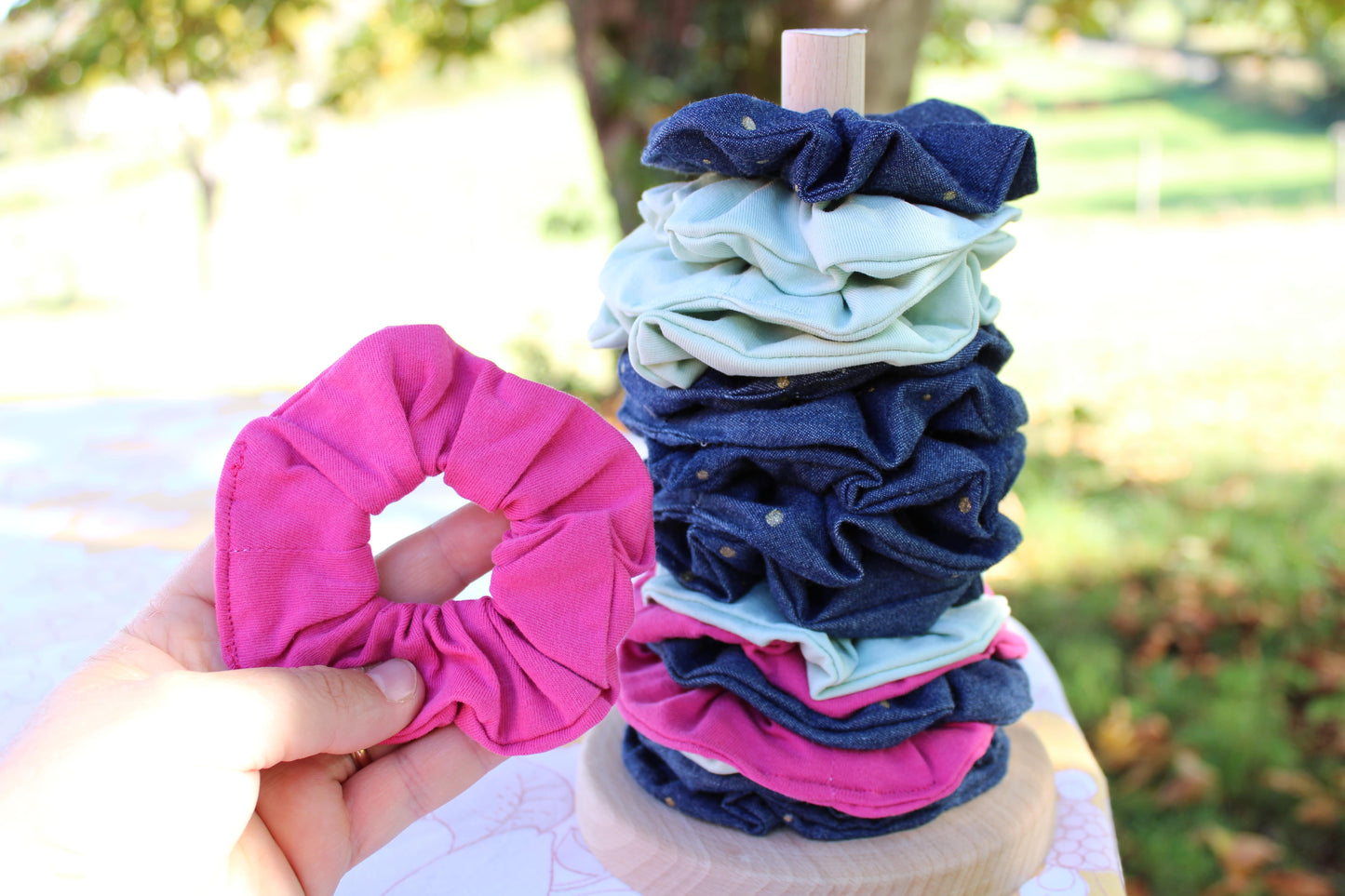 Set of 3 child-sized elasticated scrunchie scrunchies, colored hair accessories, Oeko-Tex certified cotton fabric and mottled upcycled fabric